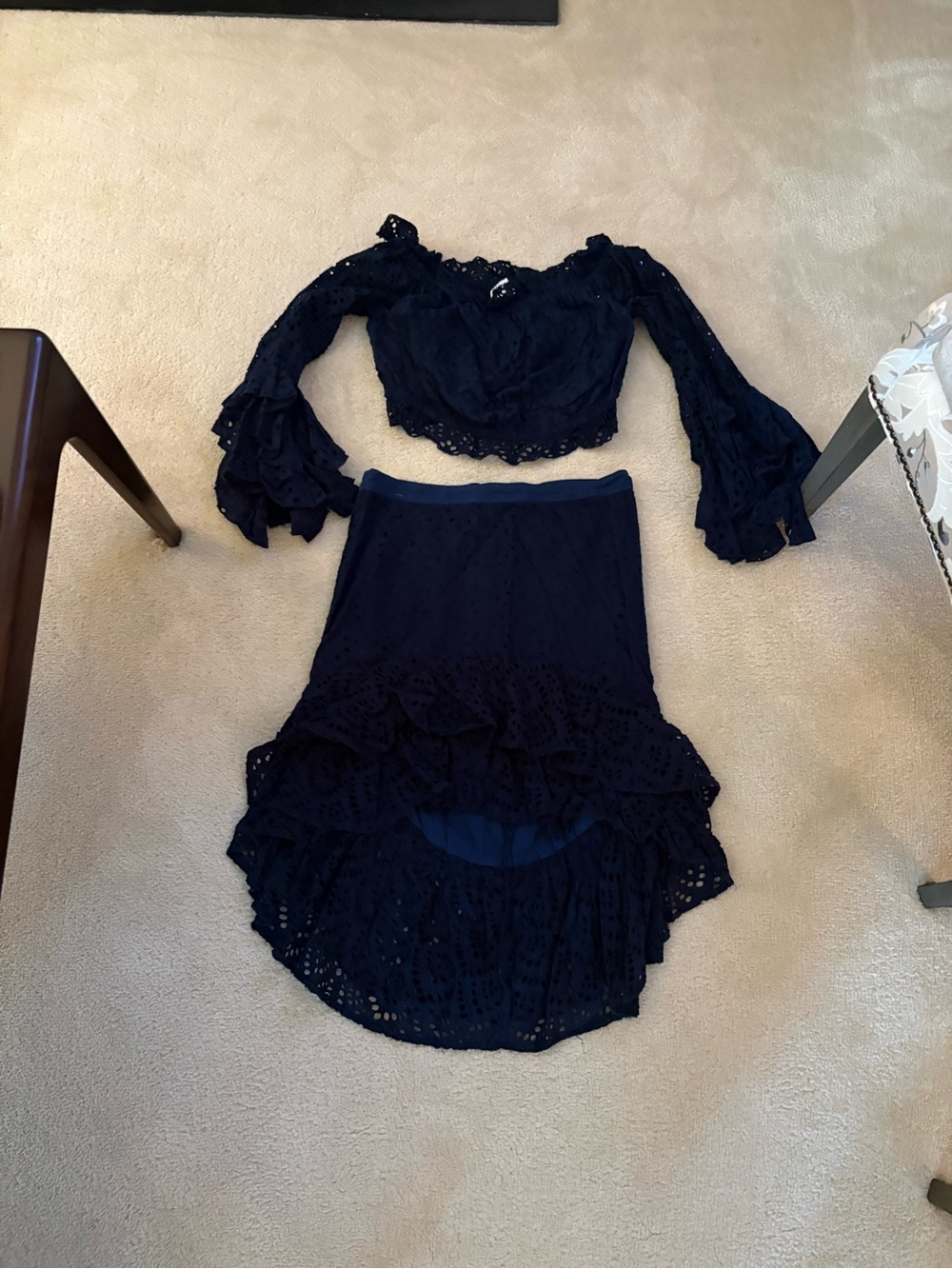 Misa Los Angeles Navy Eyelet Ruffle High-Low Skirt Set